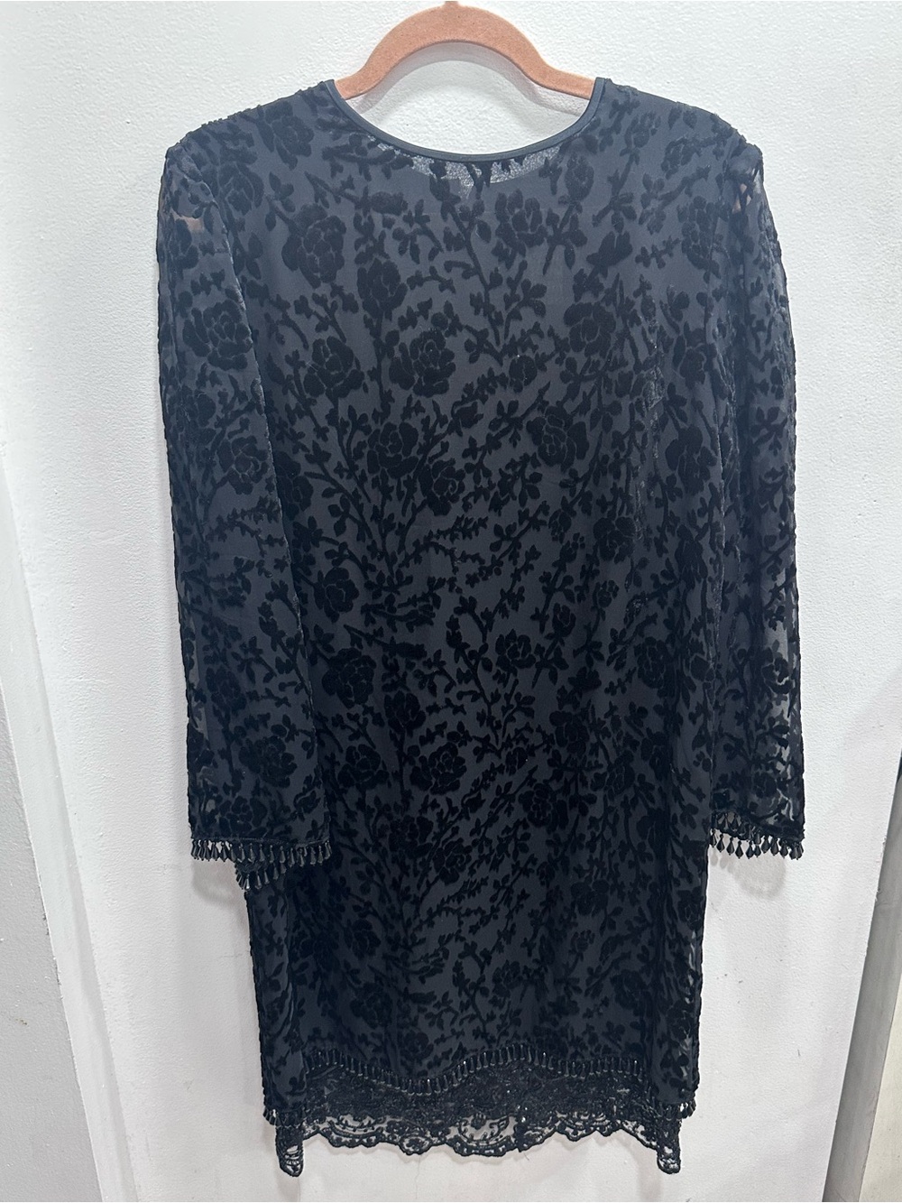 Badgley Mischka Dress Black Floral Velvet Burnout Sheer Beaded Lace Mesh